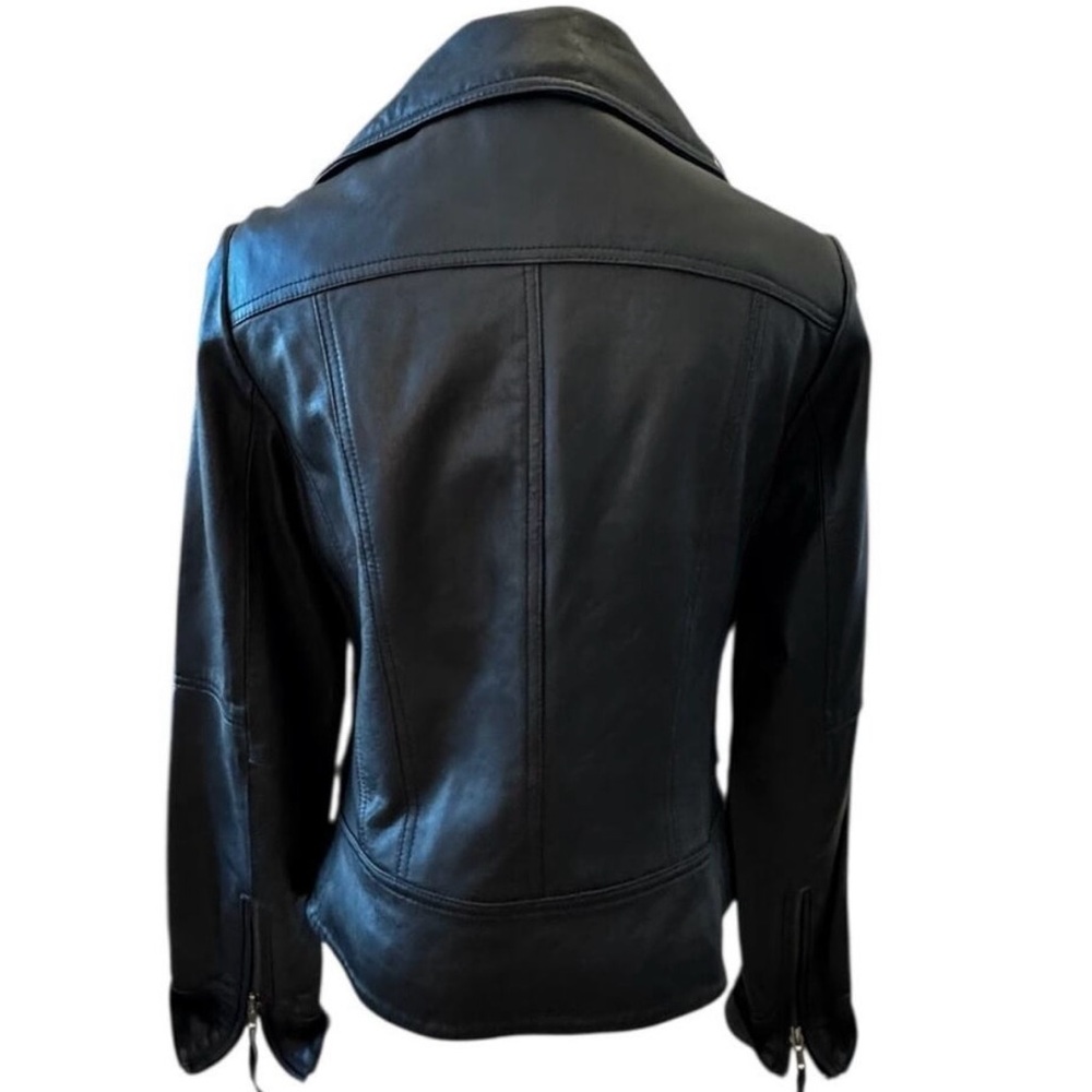 Calvin Klein Black Leather Funnel Collar High Neck Asymmetrical Moto Jacket XS - Picture 6 of 10